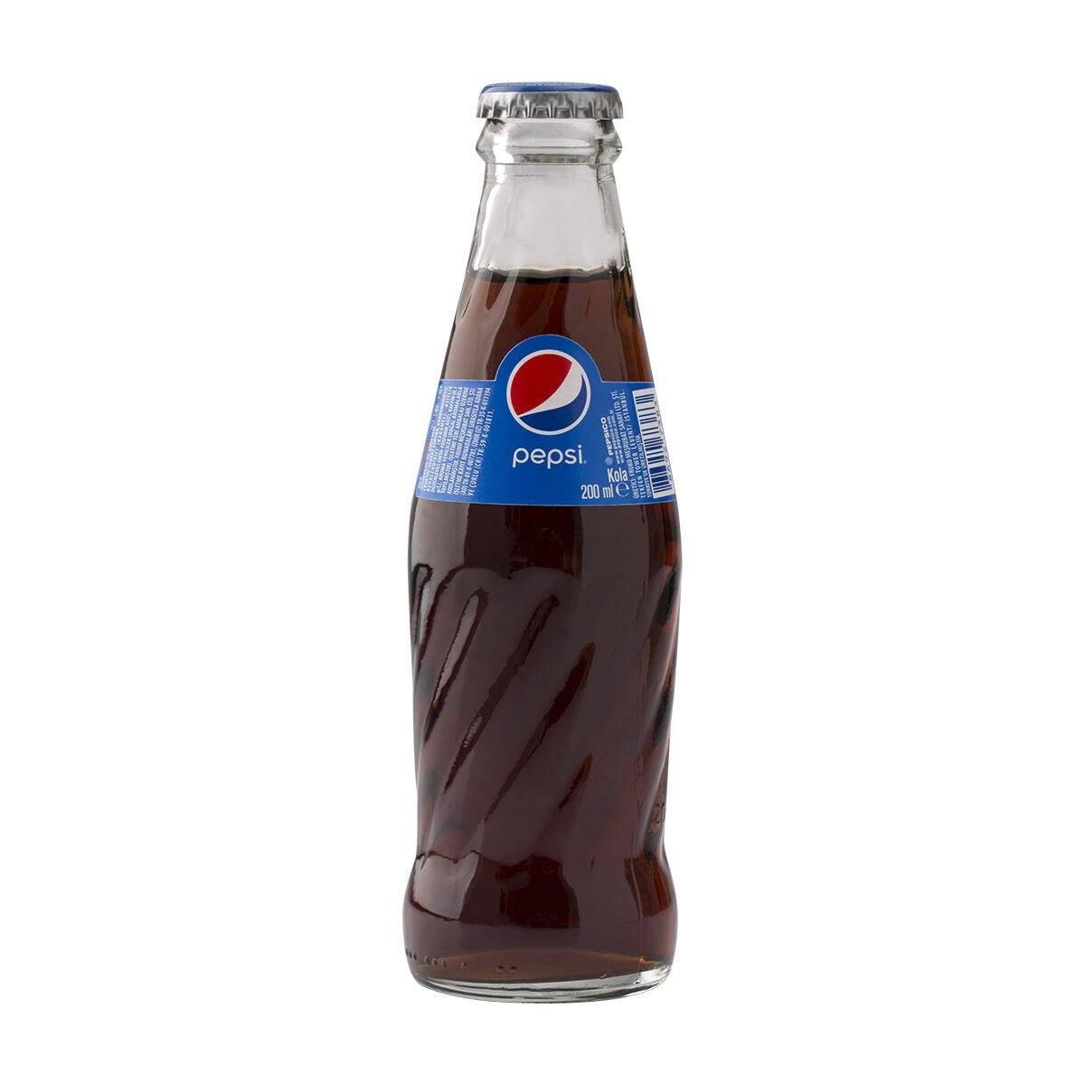 Kola 200 mililitrelik cam şişe ambalajlarda kolide 24 adet Pepsi marka kola gazlı içecek