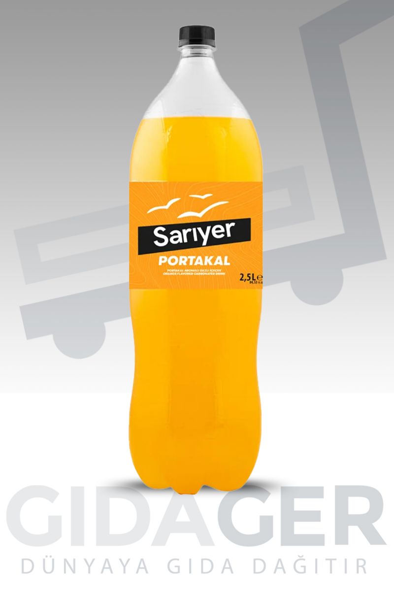 Portakal 2.5 litrelik pet ambalajlarda kolide 6 adet Sarıyer marka portakal gazlı içecek